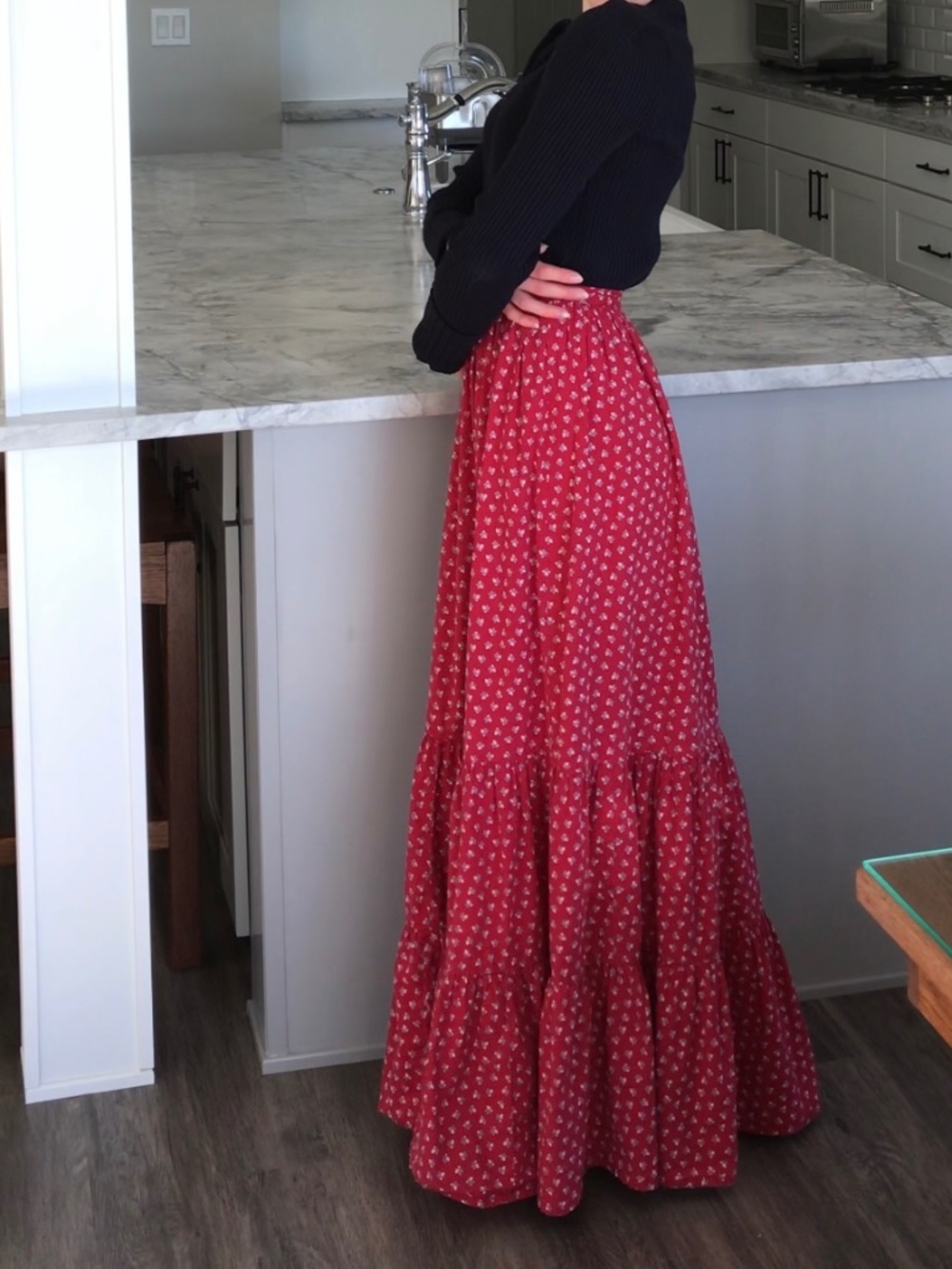 Vintage 1970s red tiered maxi prairie skirt, size XS, white ditsy floral print